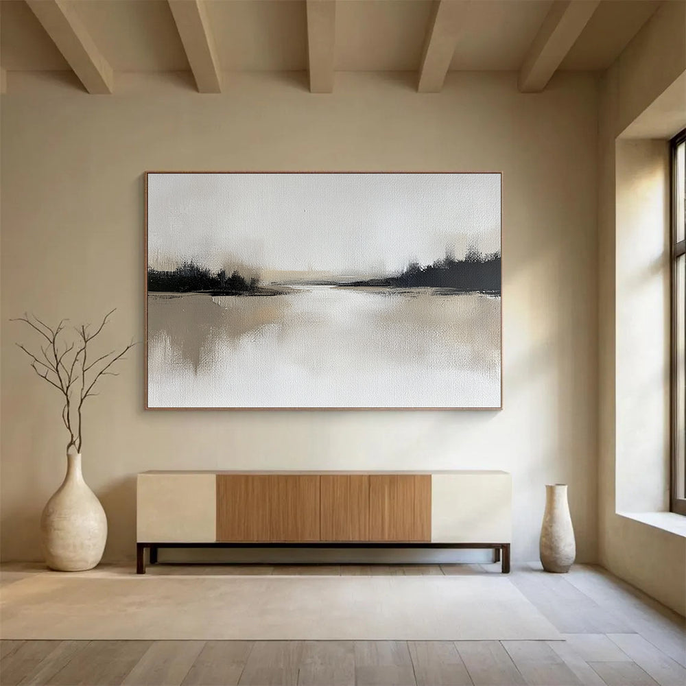 “Misty River in Monochrome” - Soft gray, deep black, beige, Minimalist Landscape Painting On Canvas HB0612