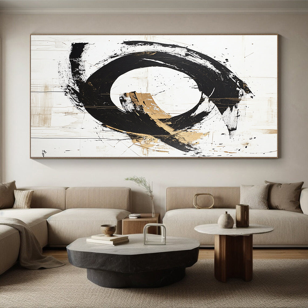 White, Black, Gold, Textured Circle "Enso Echo" Abstract Zen - Inspired Painting On Canvas HB090