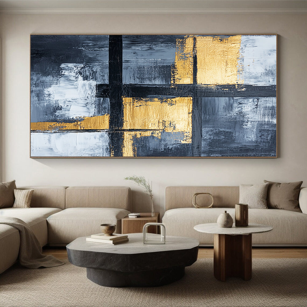 Gray, White, Gold, Black, Geometric Crosses "Gilded Grid Crossroads" Abstract Modernist Painting On Canvas HB151