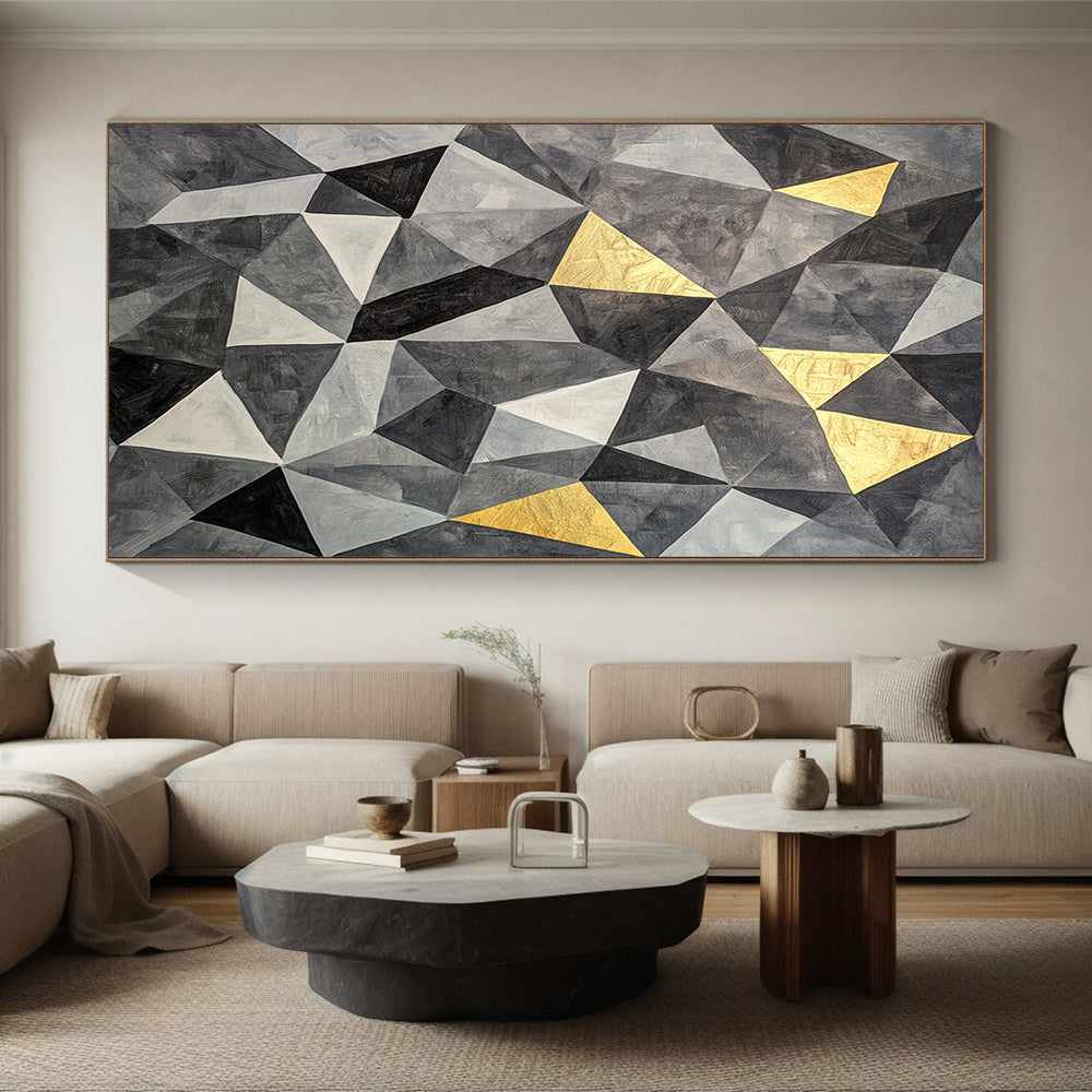 Gray, Black, White and Gold Geometric Triangles "Golden Geometry" Painting On Canvas HB363