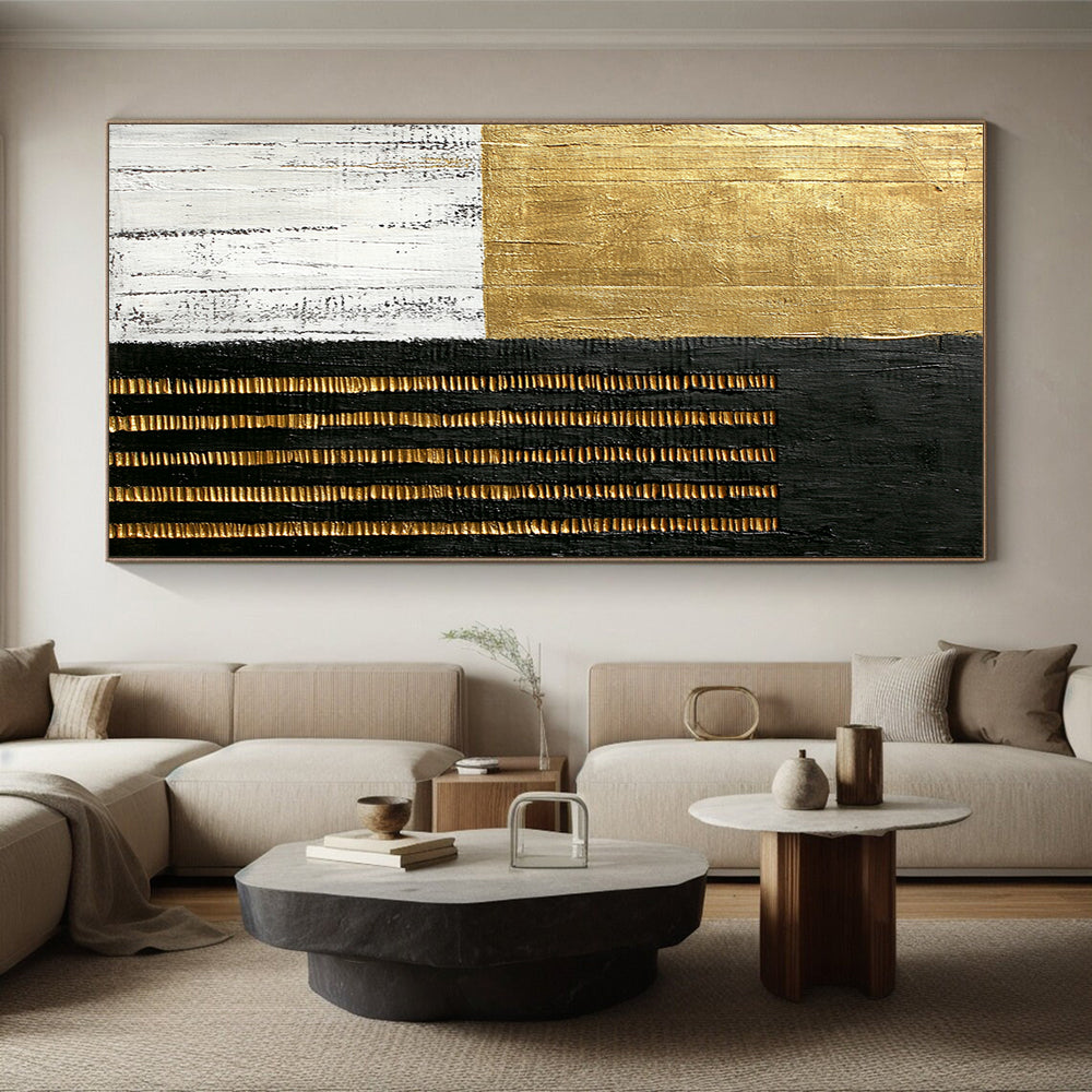 Black, White, Gold, Textured Stripes "Gilded Textured Stripes" Abstract Minimalist Painting On Canvas HB157