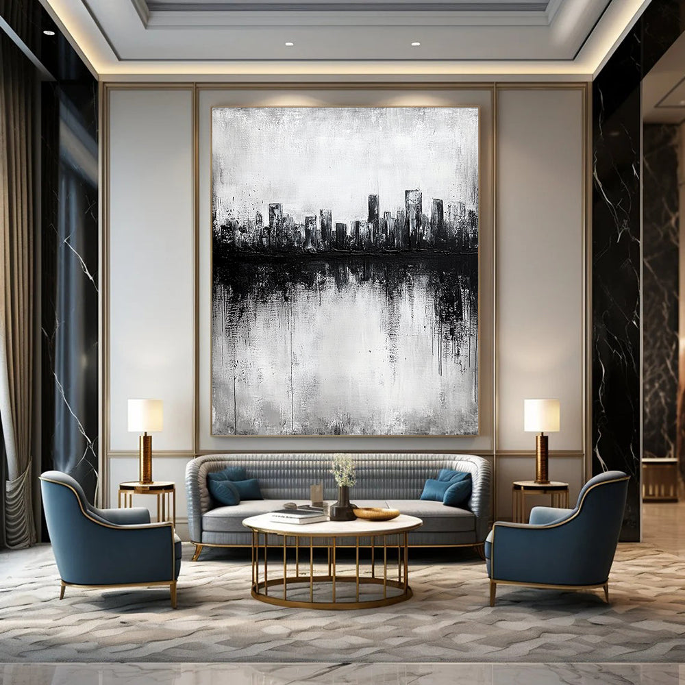 Contemporary abstract painting with textured canvas showcasing a city skyline reflected in a lake, featuring dark gray tones in a striking black and white palette. DLZ0299