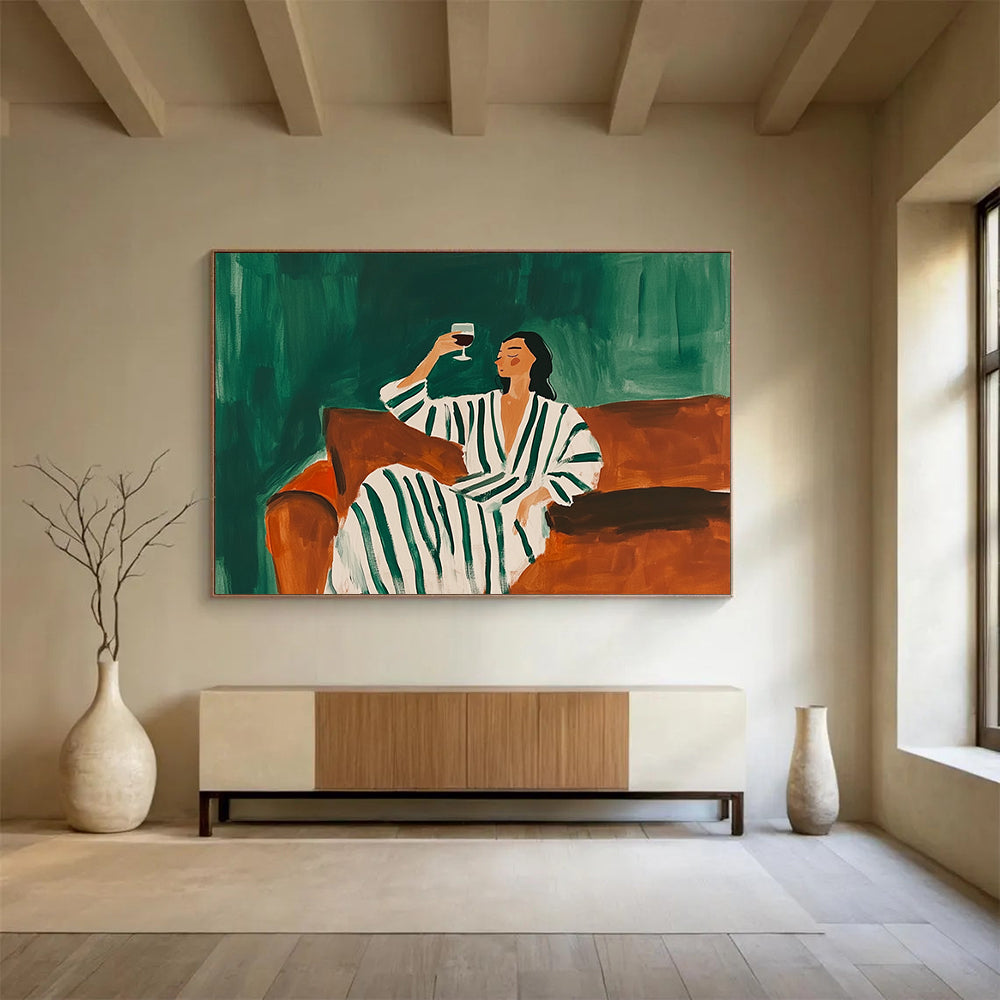 “Relaxed Figure with Wine” - Green, Brown, White, Stylized Figure Scene - Acrylic Painting HB1660