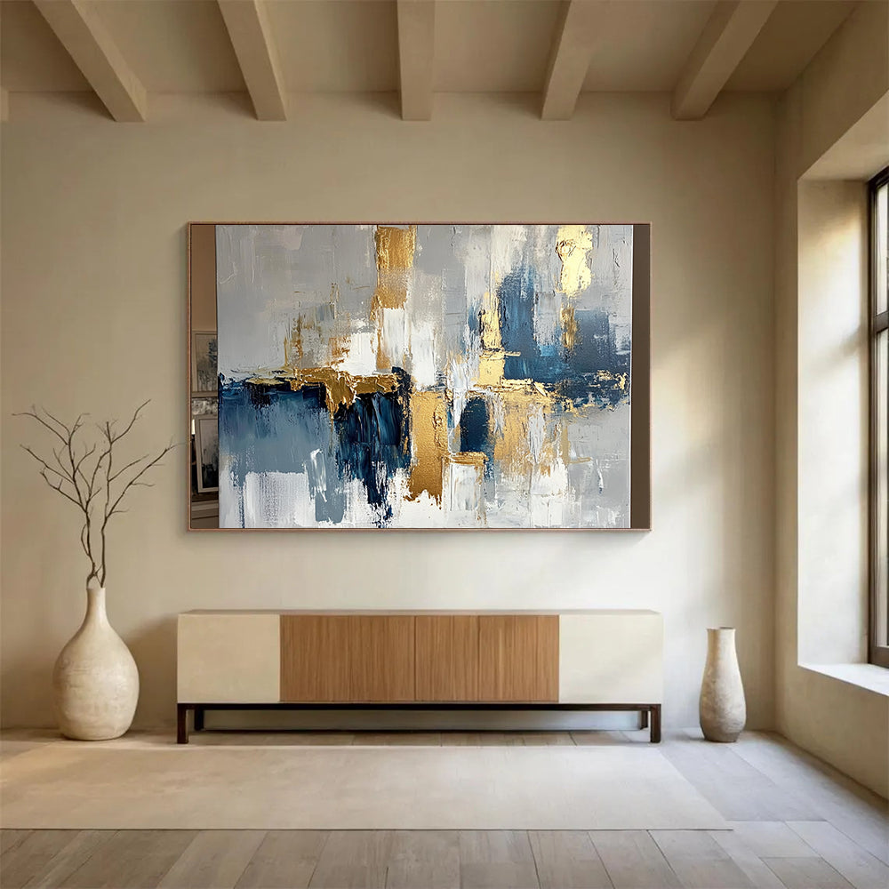 “Abstract Gold - Blue - Gray Cityscape” - Gold, Blue, Gray, White, Urban Shapes Painting On Canvas HB0818