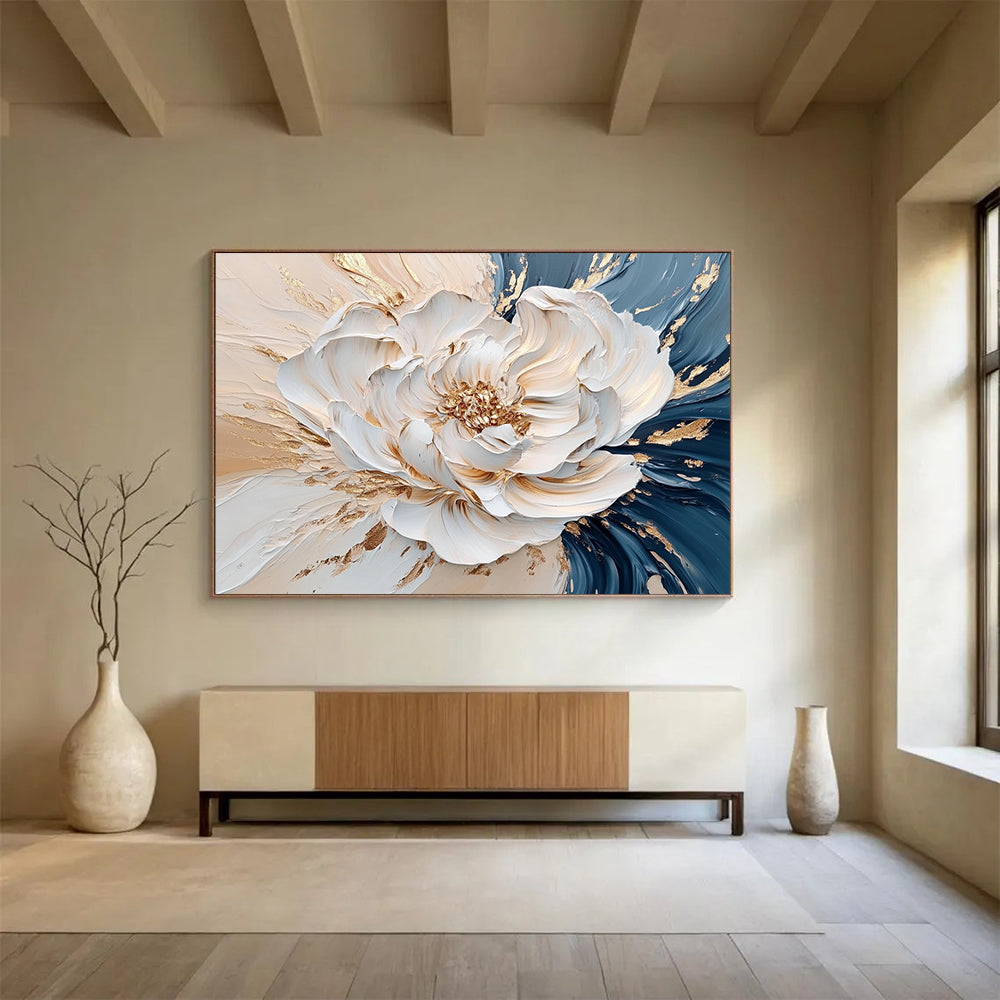 “Elegant Gold - Accented Peony” - White, Gold, Textured Peony Flower Painting On Canvas HB0879