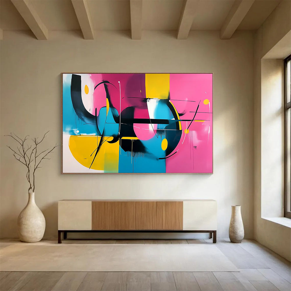 “Vibrant Abstract Composition” - Pink, yellow, blue, black; Abstract composition with dynamic lines; Acrylic Painting On Canvas HB1273