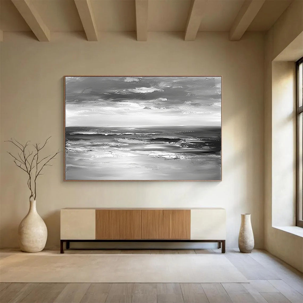 “Impasto Sea Waves in Gray” - Gray, White, Textured Sea Waves Painting On Canvas HB0801