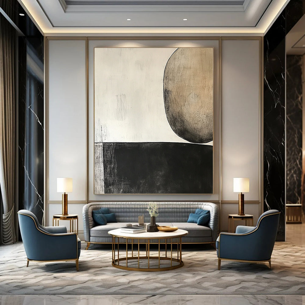 Contemporary hand-painted abstract art featuring a dark gray oval and dual brown circle on light beige background, inspired by minimalist design and Robert Motherwell. DLZ0958