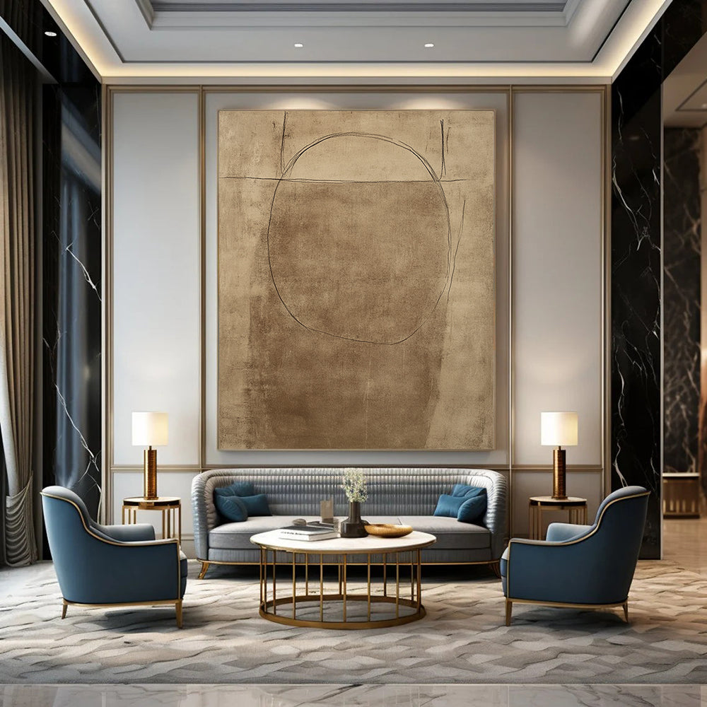 Contemporary hand-drawn abstract artwork showcasing a simplistic figure design with soft curves and a warm brown background. DLZ1469