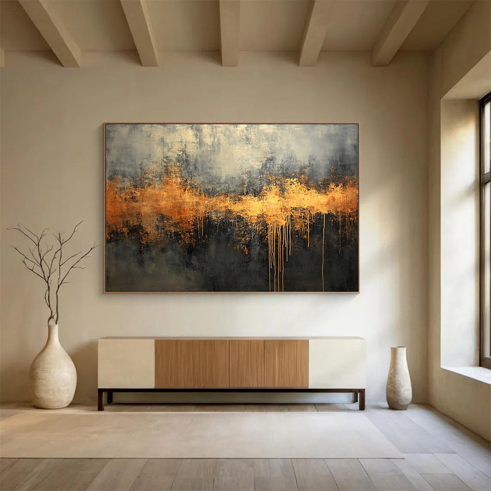 “Gothic Gold Drip” - Gray, black, gold; Dramatic gold drips on dark; Oil Painting On Canvas HB1211