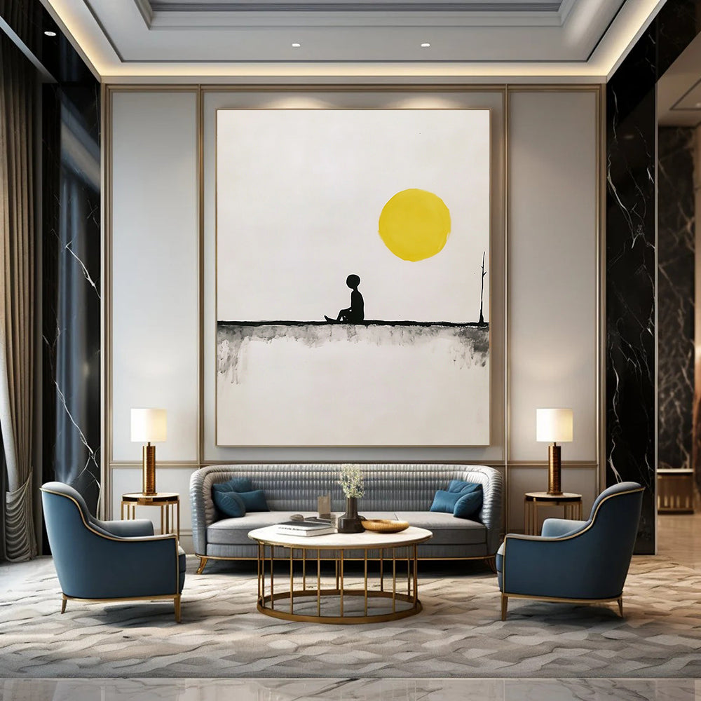 Contemporary hand-painted abstract art featuring a minimalist fisherman on a line under a yellow sun with simple shapes in black and gray tones. DLZ1635