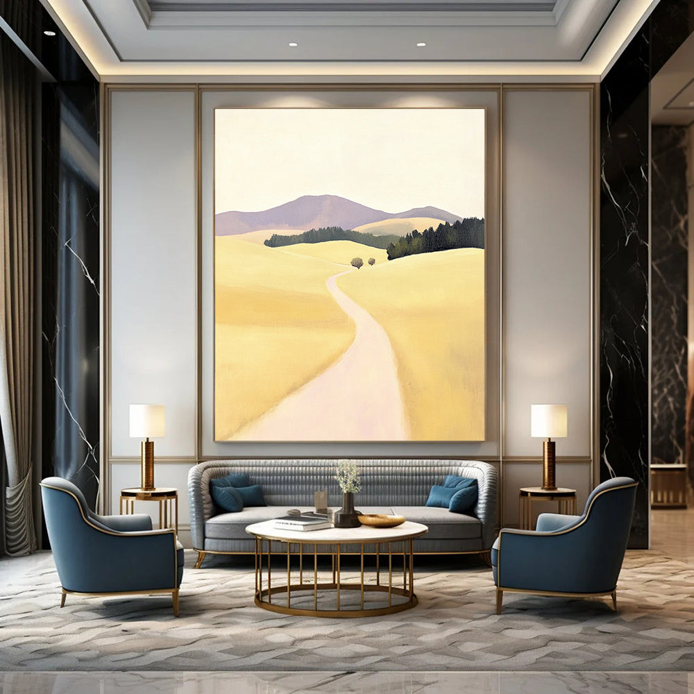 Contemporary hand-painted abstract artwork featuring a serene rural road in New Zealand with rolling hills in soft yellow tones and minimalistic design. DLZ1099