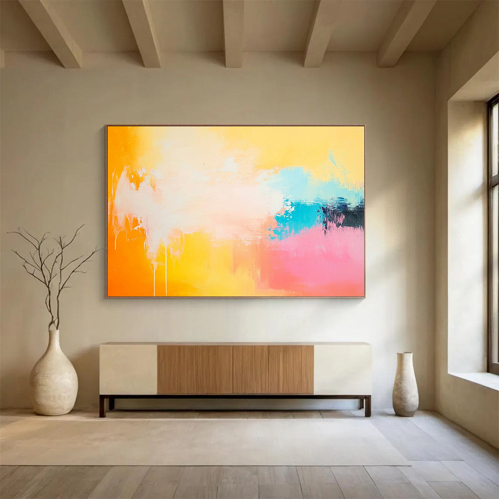 “Sunset Drip” - Orange, Yellow, Pink, Blue, Abstract Dripping Painting On Canvas HB1066