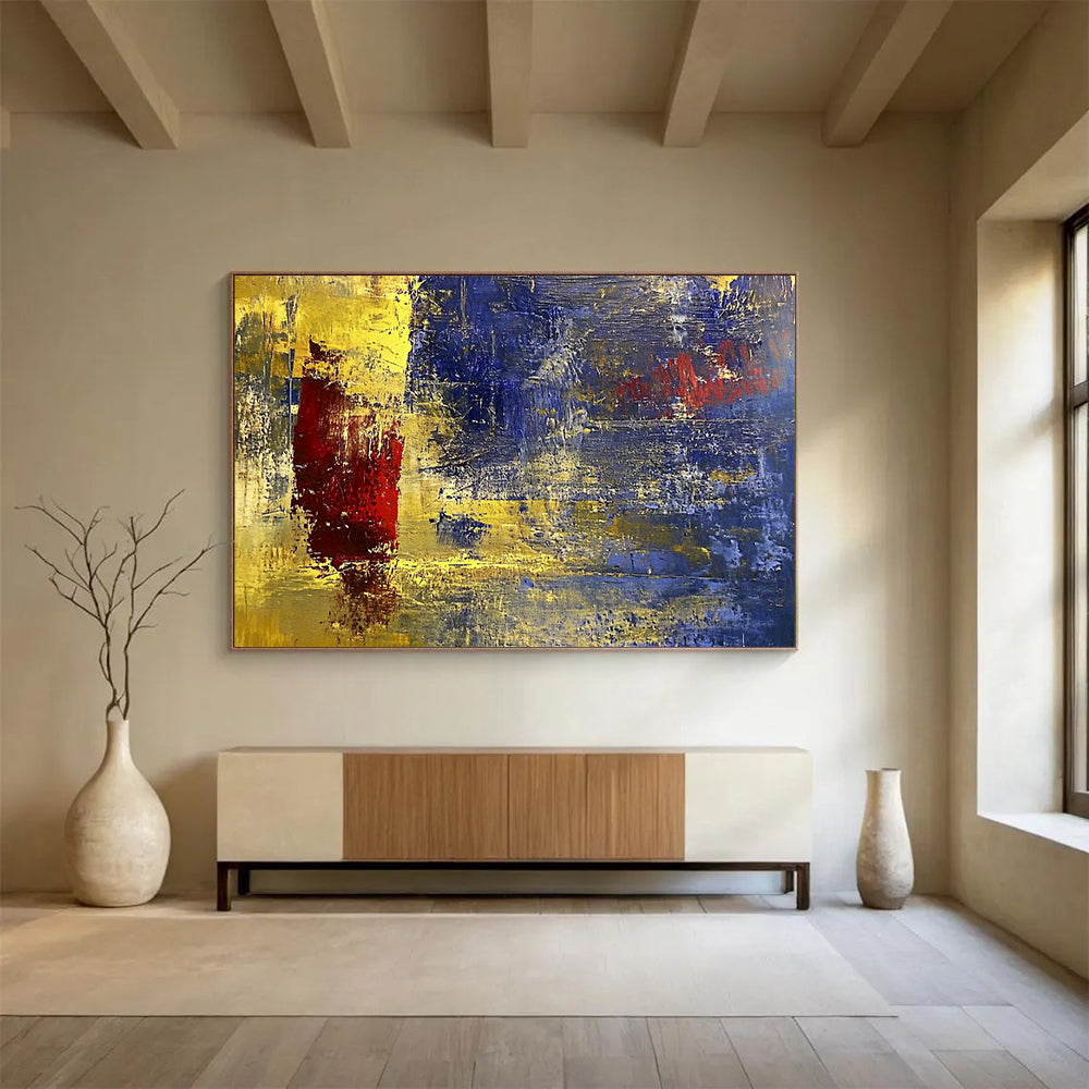“Golden Blue Abstract” - Gold, Blue, Red, Textured Abstract Shapes Painting On Canvas HB0947