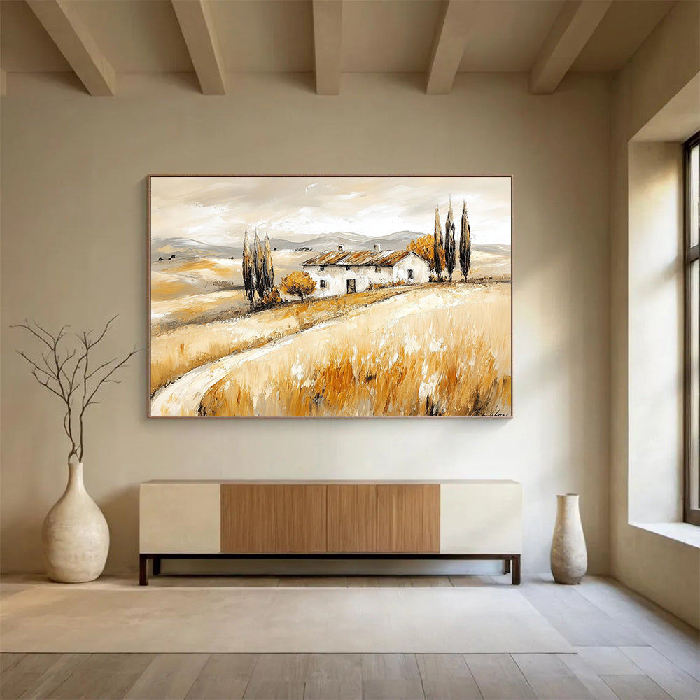 “Tuscan Farmhouse in Golden Fields” - Warm Beiges, Browns, Yellows, Farmhouse in Rolling Fields - Contemporary Oil Painting HB1694