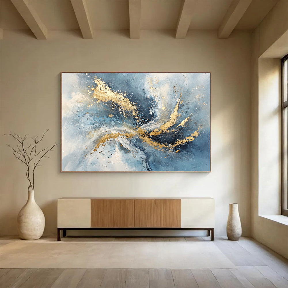“Blue - Gray Abstract with Gold Splashes” - Blue, Gray, Gold, Dynamic Splashes Painting On Canvas HB0826