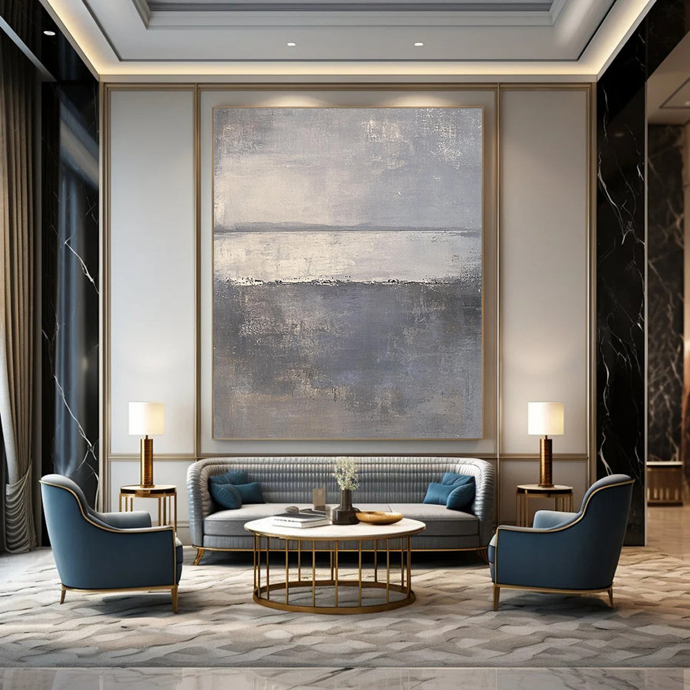 Large contemporary hand-painted abstract art featuring soft gray and white hues with tranquil sea elements creating a serene and calming atmosphere. DLZ0281
