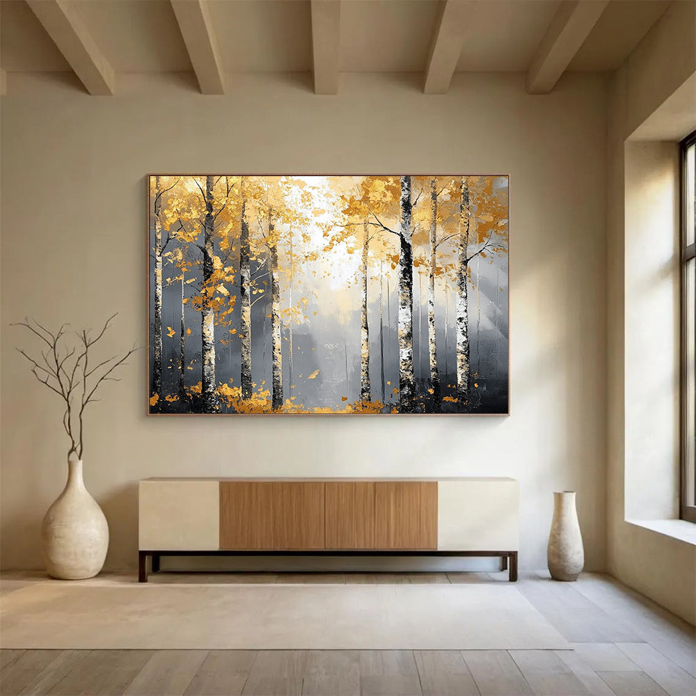 “Golden Birch Forest” - Gold, Gray, Birch Trees, Forest - Abstract Landscape Painting HB1682