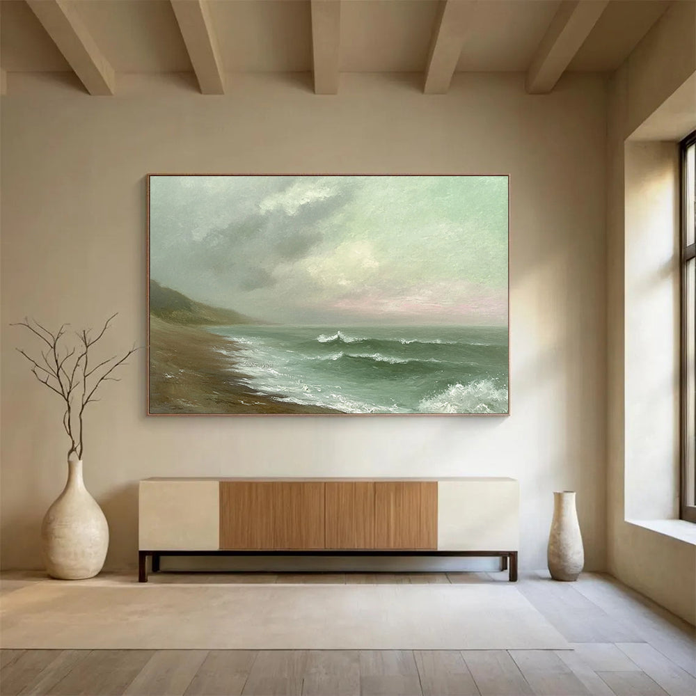 Green, Gray, Brown and White Misty Seaside "Moody Shore" Painting On Canvas HB0668