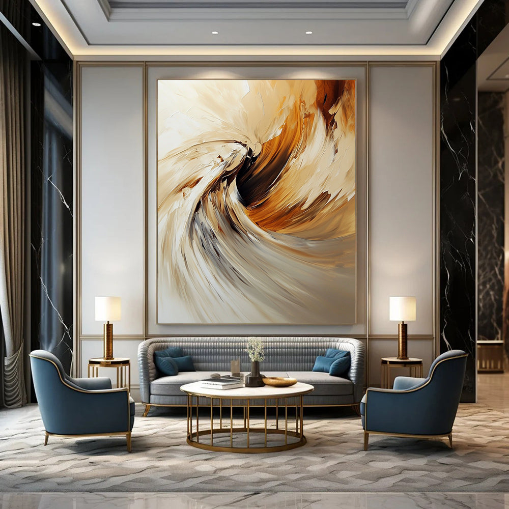 Contemporary abstract oil painting featuring an angel with swirling brush strokes in warm beige and brown tones. DLZ0450