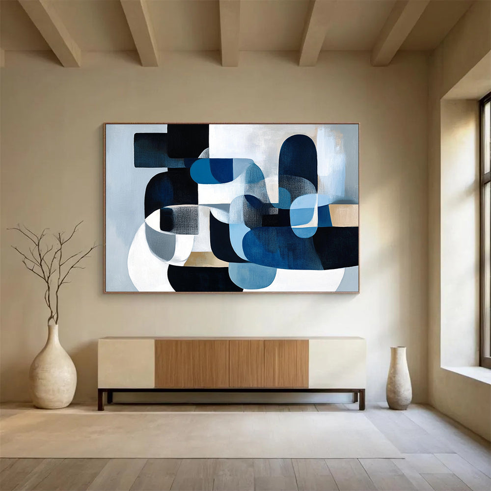 “Blue - Gray Geometric Shapes” - Blue, gray, white, Abstract Geometric Painting HB0638