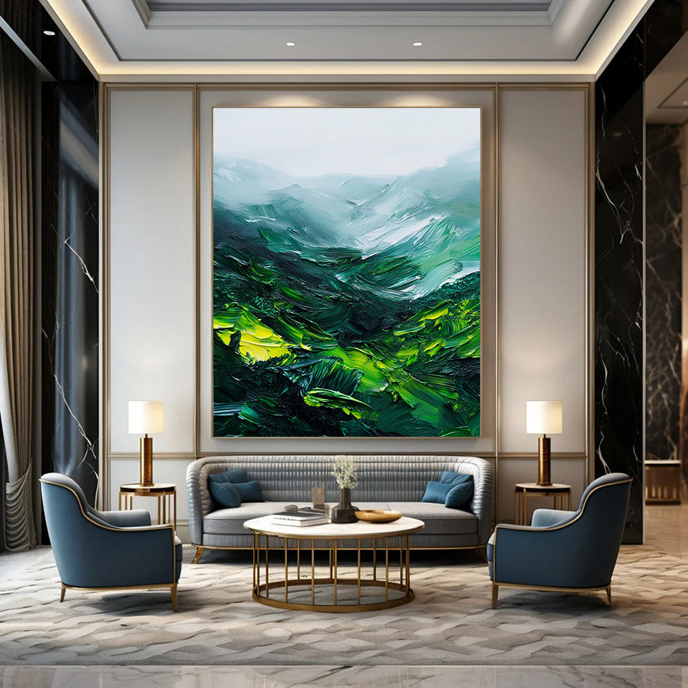 Contemporary abstract painting showcasing thick green mountains with rich brushstrokes and a misty atmosphere on white background. DLZ0623