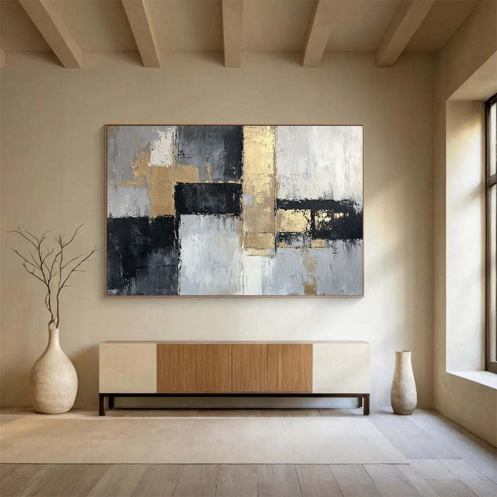 “Gold Accents on Gray Abstract” - Gray, white, black, gold; Abstract with geometric shapes and gold accents; Acrylic Painting On Canvas HB1268