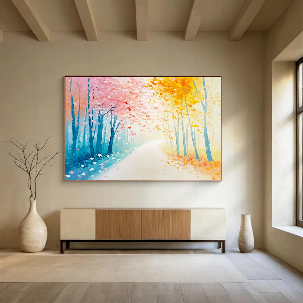 “Pastel Forest Pathway” - Dreamy path lined with pink and yellow trees, Impressionist Landscape Painting On Canvas HB0538