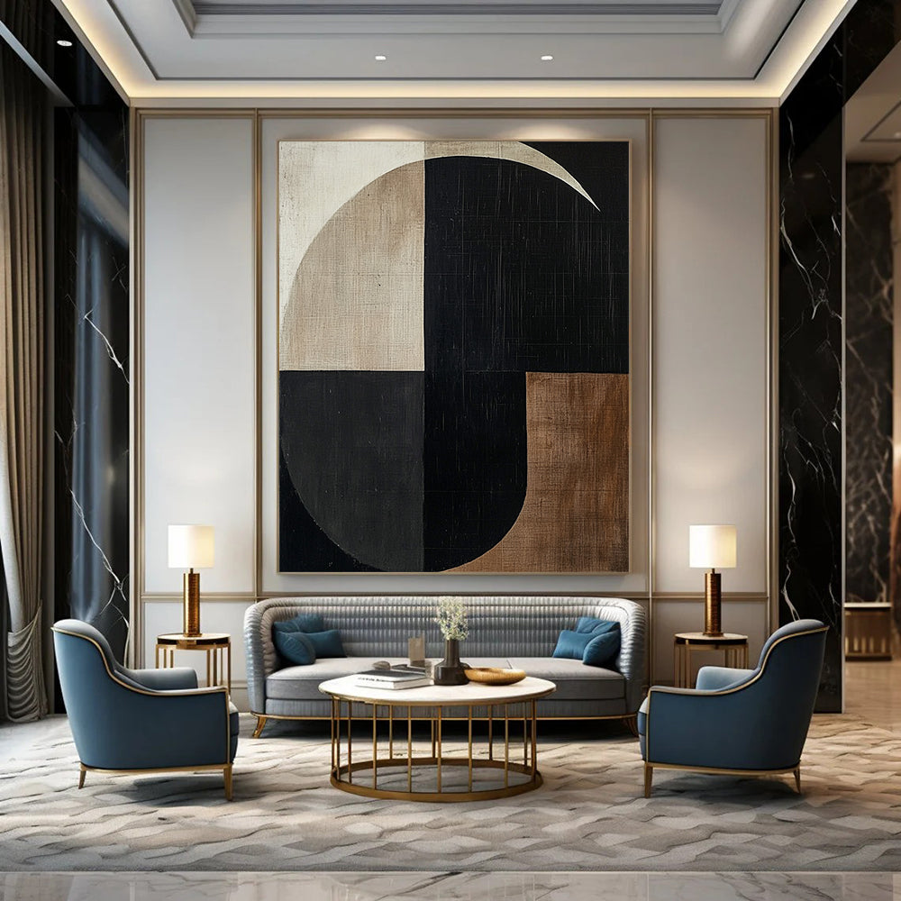 Contemporary hand-painted abstract artwork featuring minimalist black and white shapes with beige and brown tones creating a balanced geometric composition. DLZ1308