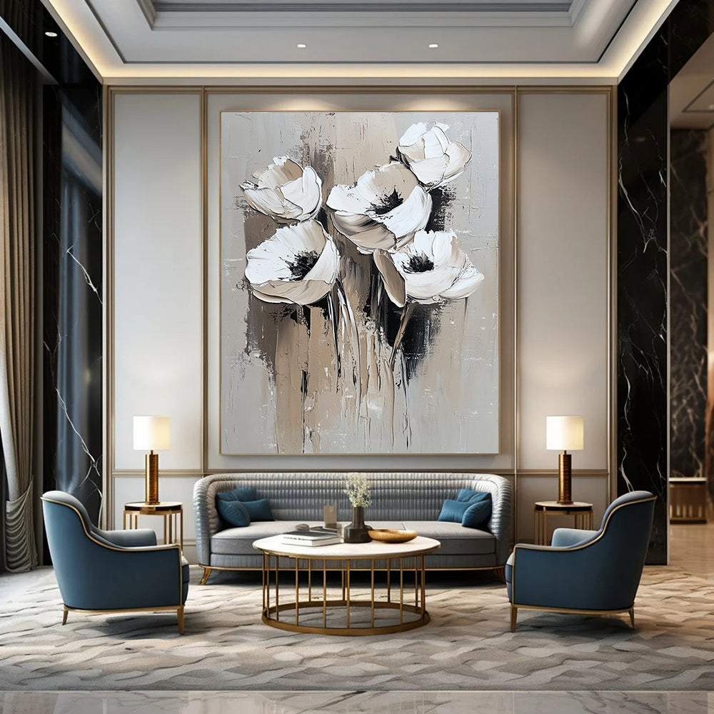 Contemporary abstract painting featuring white flowers with minimal detail in oil strokes on a grey background perfect for modern decor. DLZ0671