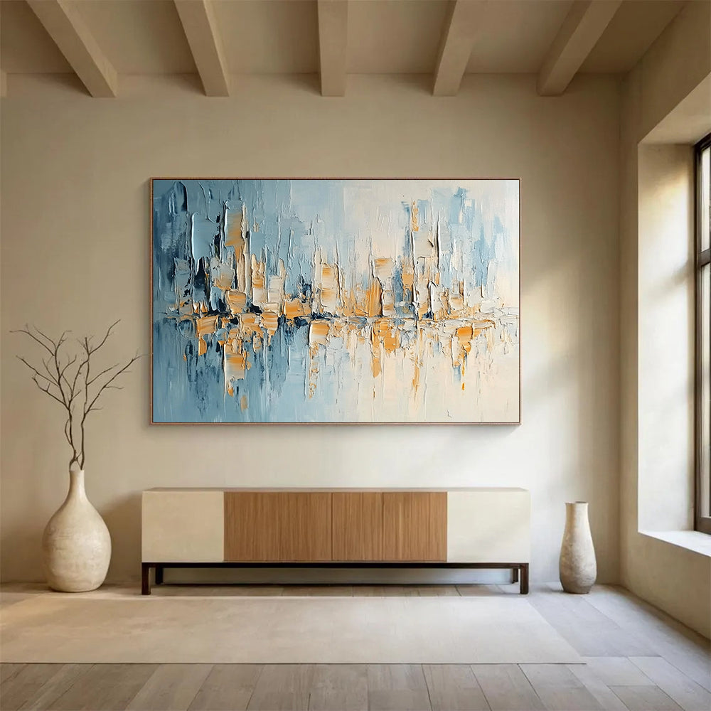 “Textured City Skyline” - Blue, Beige, White, Textured City Skyline Painting On Canvas HB0988