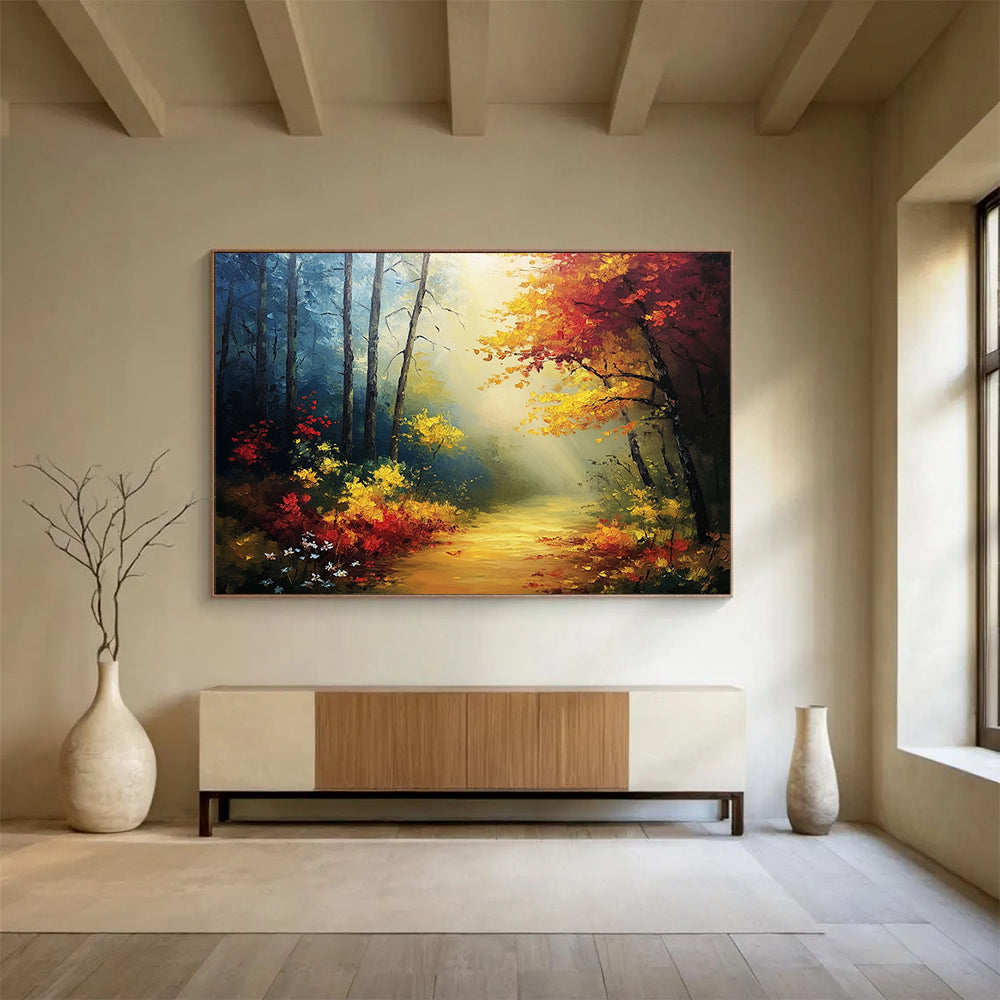 “Sunlit Forest Path” - Yellows, Reds, Greens, Forest Path with Sunbeams - Impasto Oil Painting HB1711