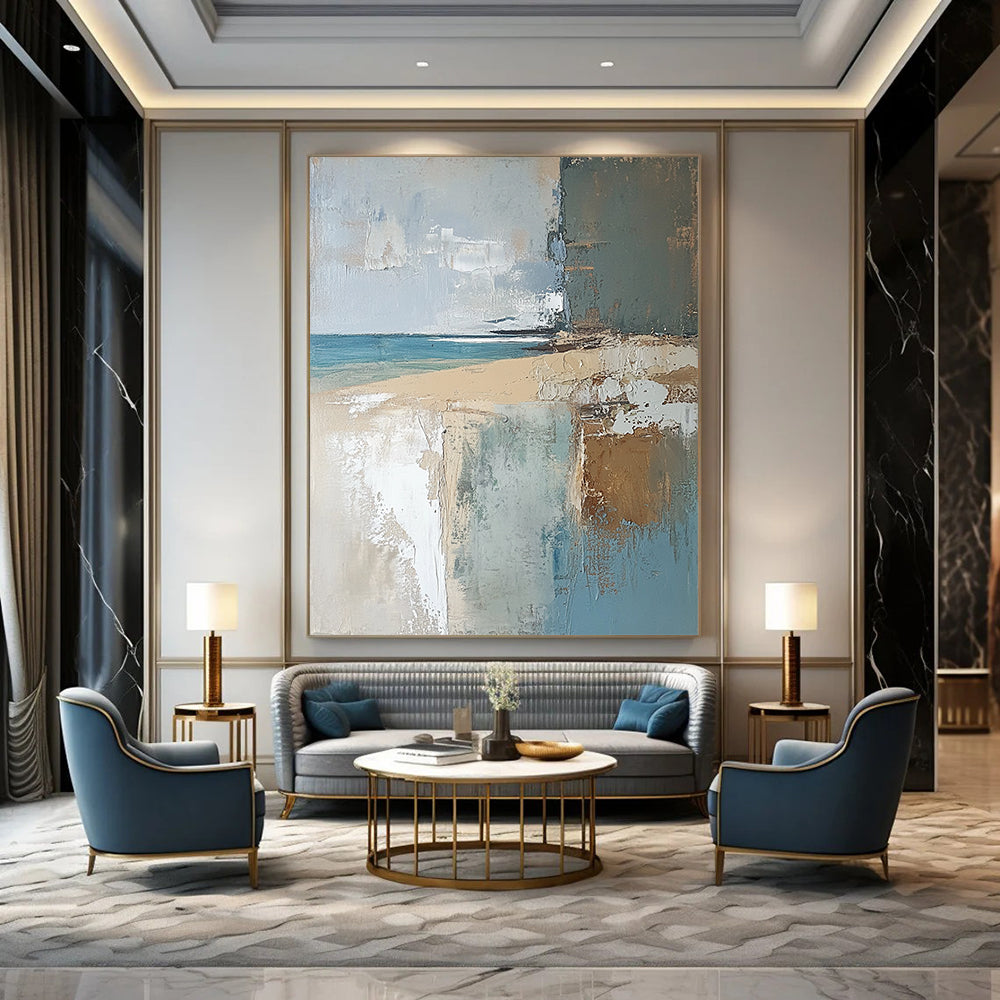 Contemporary abstract painting featuring a textured English beach scene in muted earthy tones, showcasing light blue, brown, neutral green, and grey. DLZ0454