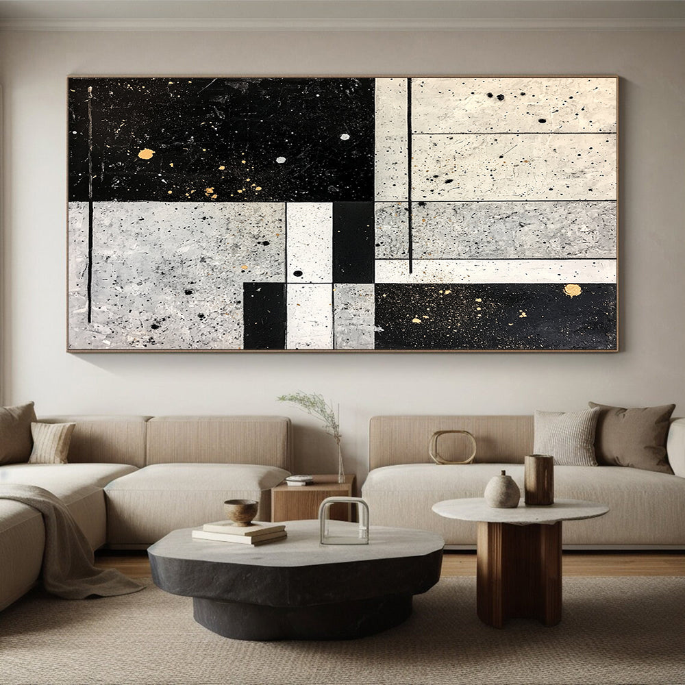 Black, White, Gray, Gold with Grid Splatter "Industrial Chic" Abstract Painting On Canvas HB015