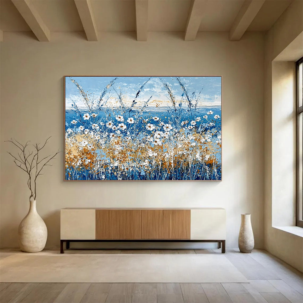 “Blue Wildflower Field with White Daisies” - Blue, White, Yellow, Orange, Floral Landscape Painting On Canvas HB0828