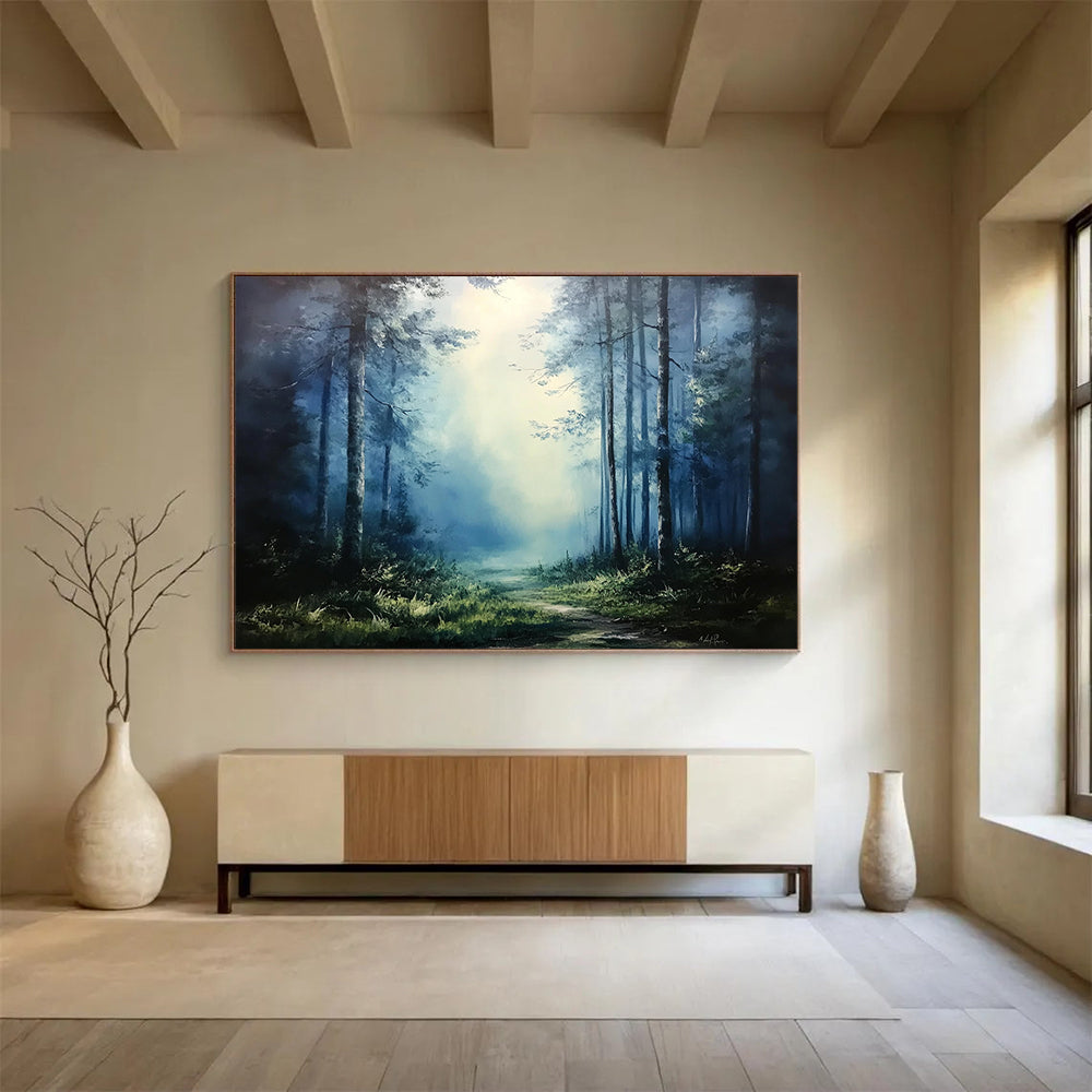 “Mystic Forest Path” - Deep Blues, Greens, Hints of Light, Forest Path in Mist - Atmospheric Oil Painting HB1690