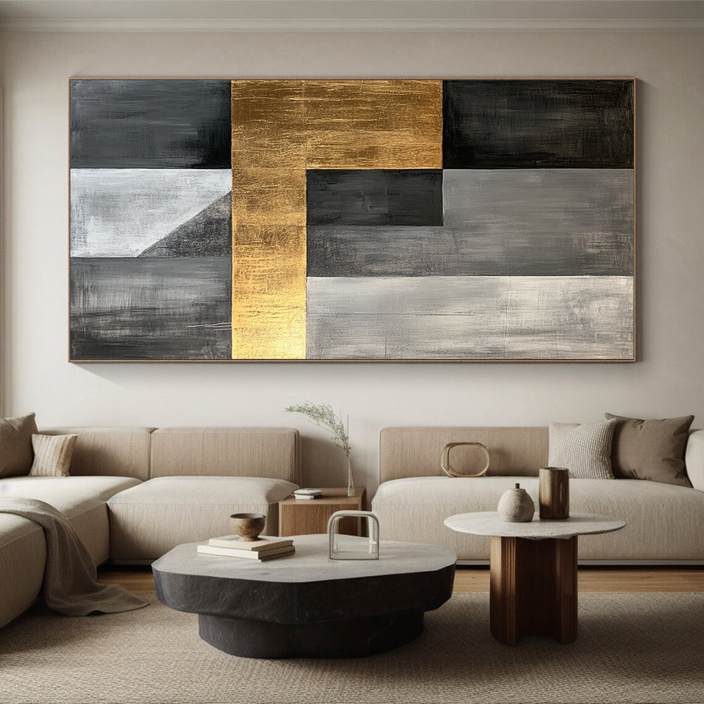 Gray, Black, Gold and White Geometric Fusion "Sophisticated Union" Painting On Canvas HB360
