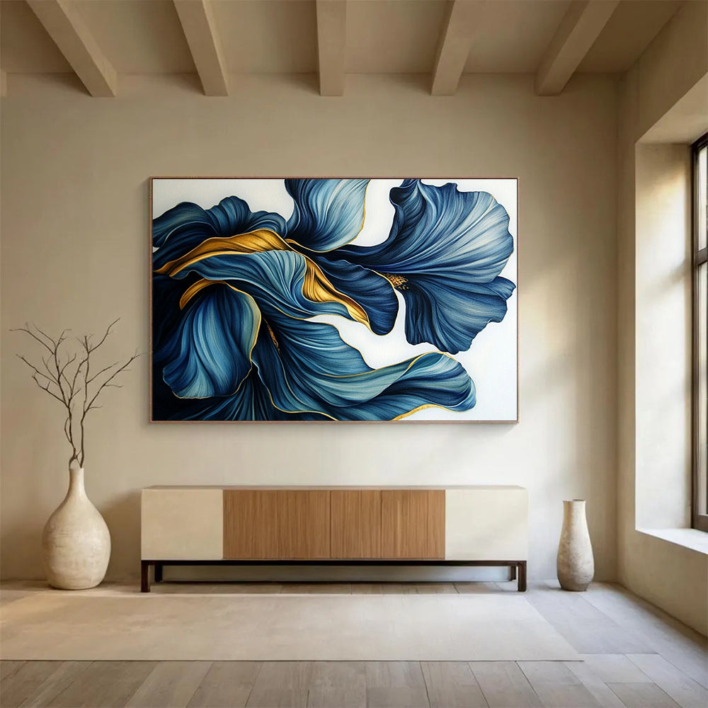 “Blue - Gold Petal Swirls” - Intricate blue petals with golden accents, Floral Realism Painting On Canvas HB0536