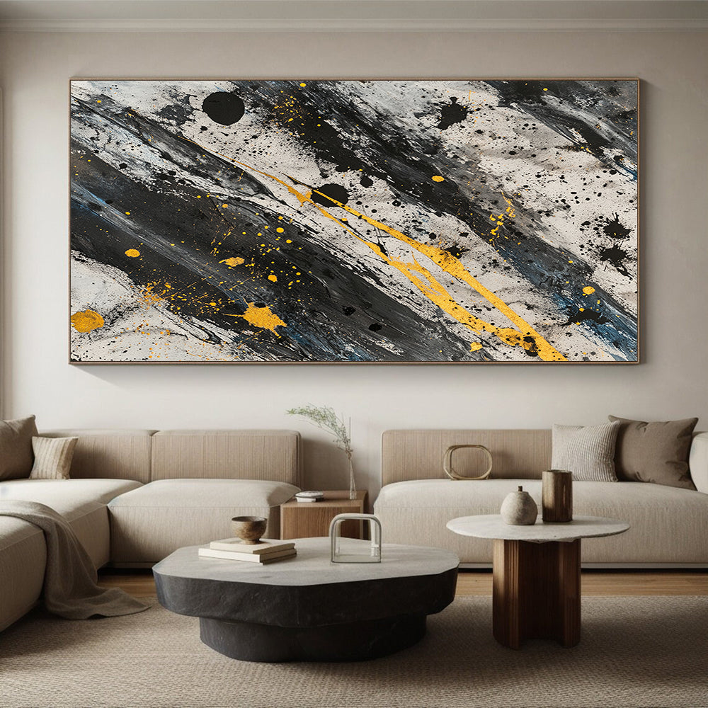 Black, White, Gray and Gold Splatter "Gilded Chaos" Painting On Canvas HB305