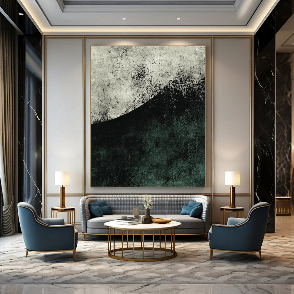 Contemporary abstract artwork featuring a large dark green and grey half circle with textured brushwork and strong negative space in muted tones. DLZ0809