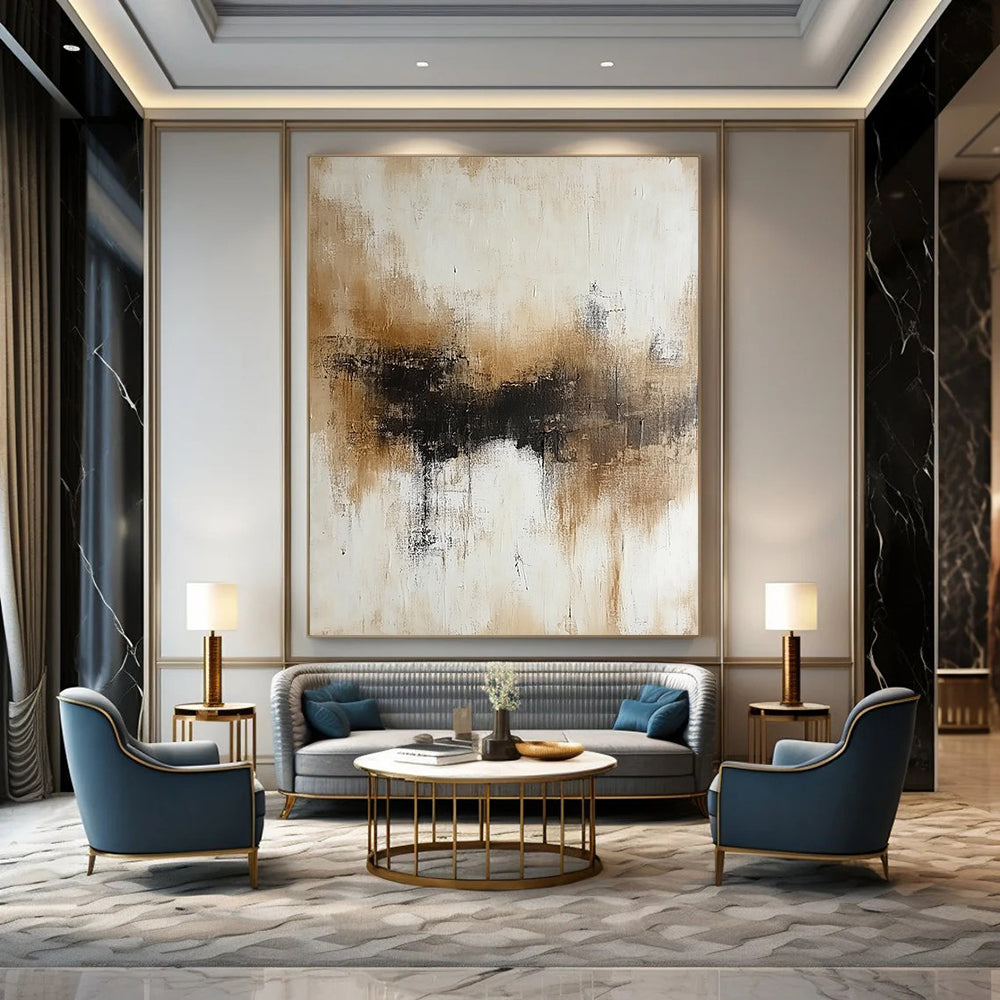 Contemporary hand-painted abstract artwork featuring neutral beige and white tones with subtle brown accents on a soft neutral background. DLZ0561