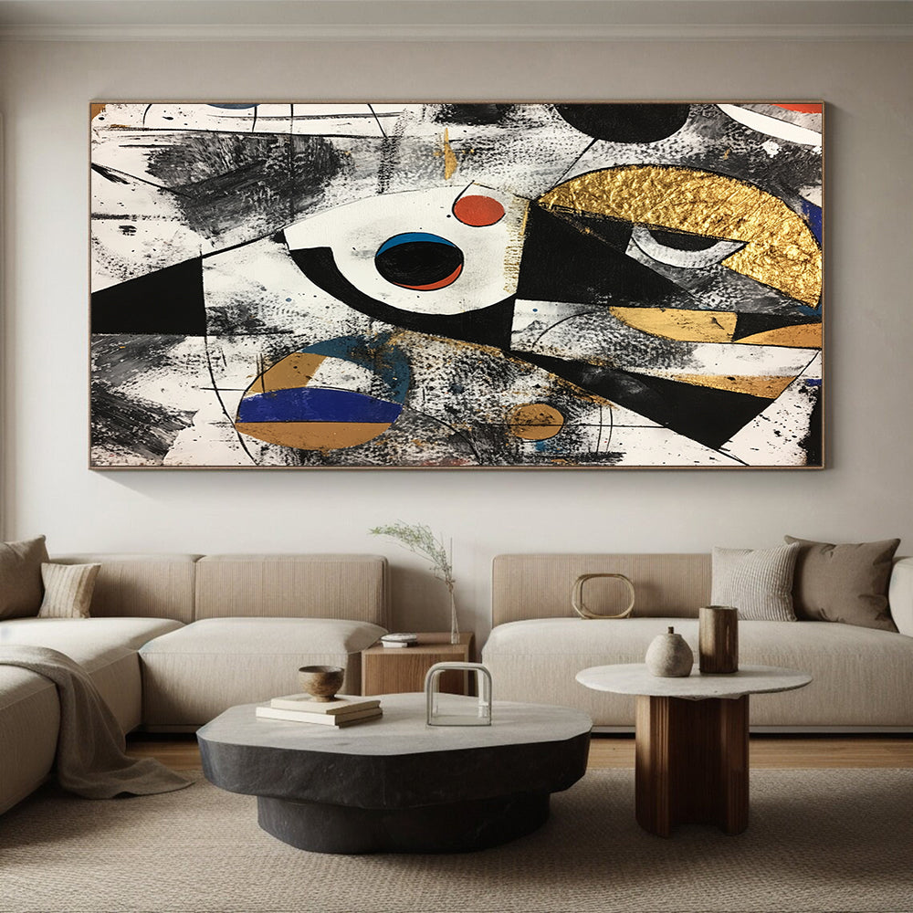 Black, White, Gold, Red and Blue Geometric Abstraction "Cosmic Collision" Painting On Canvas HB323