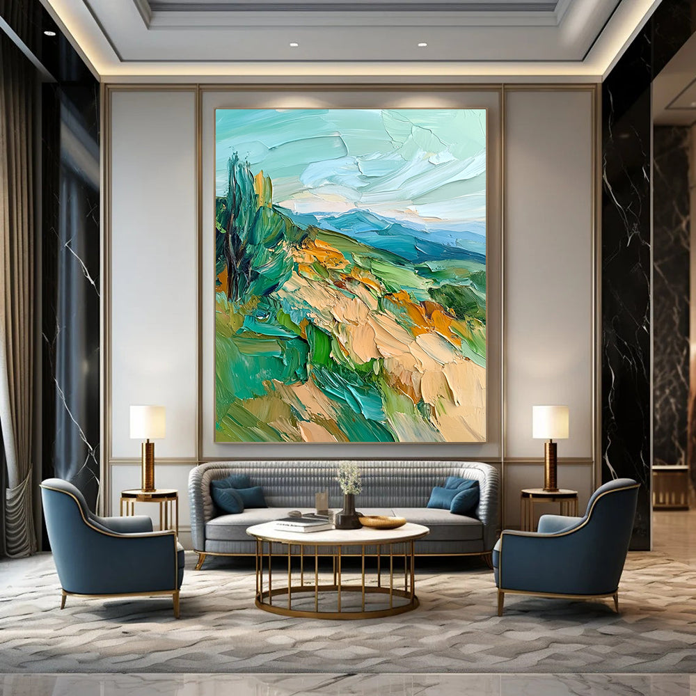 Contemporary abstract oil painting featuring impasto textures and vibrant sea green and blue hues of mountains, hills, and trees. DLZ1566