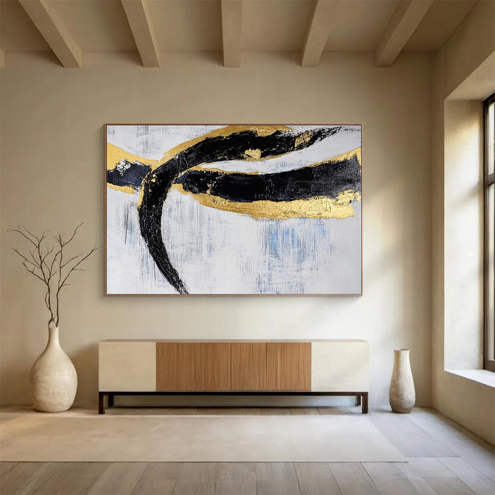 Black, Gold, Blue and White Abstract Swirls "Opulent Motion" Painting On Canvas HB0414