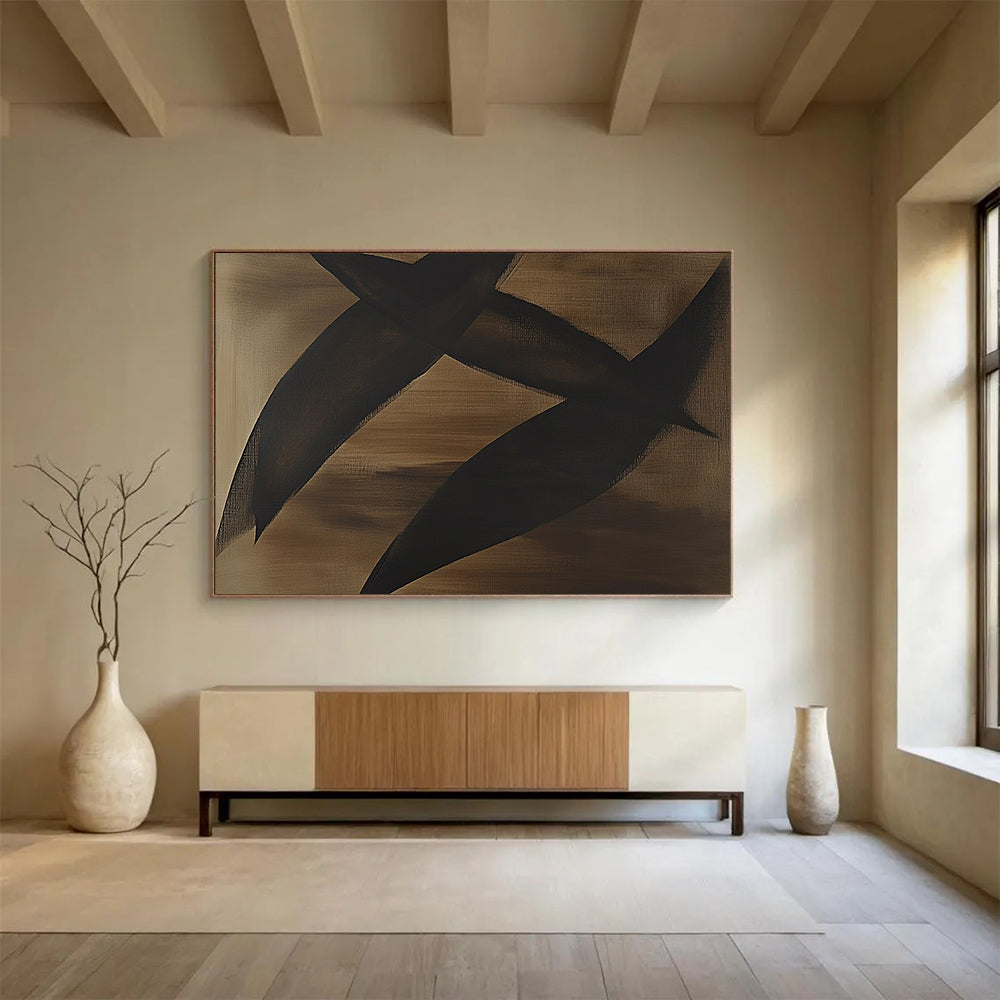 “Black Shapes on Brown” - Black, brown, Minimalist Abstract Painting HB0639