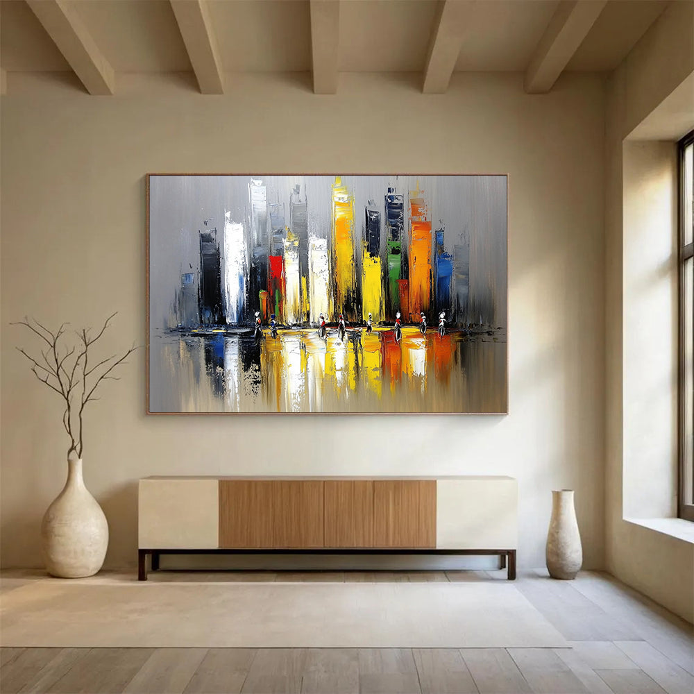 “Vibrant Cityscape with Figures” - Gray, Yellow, Red, Blue, Colorful Urban Scene - Impasto Acrylic Painting HB1669