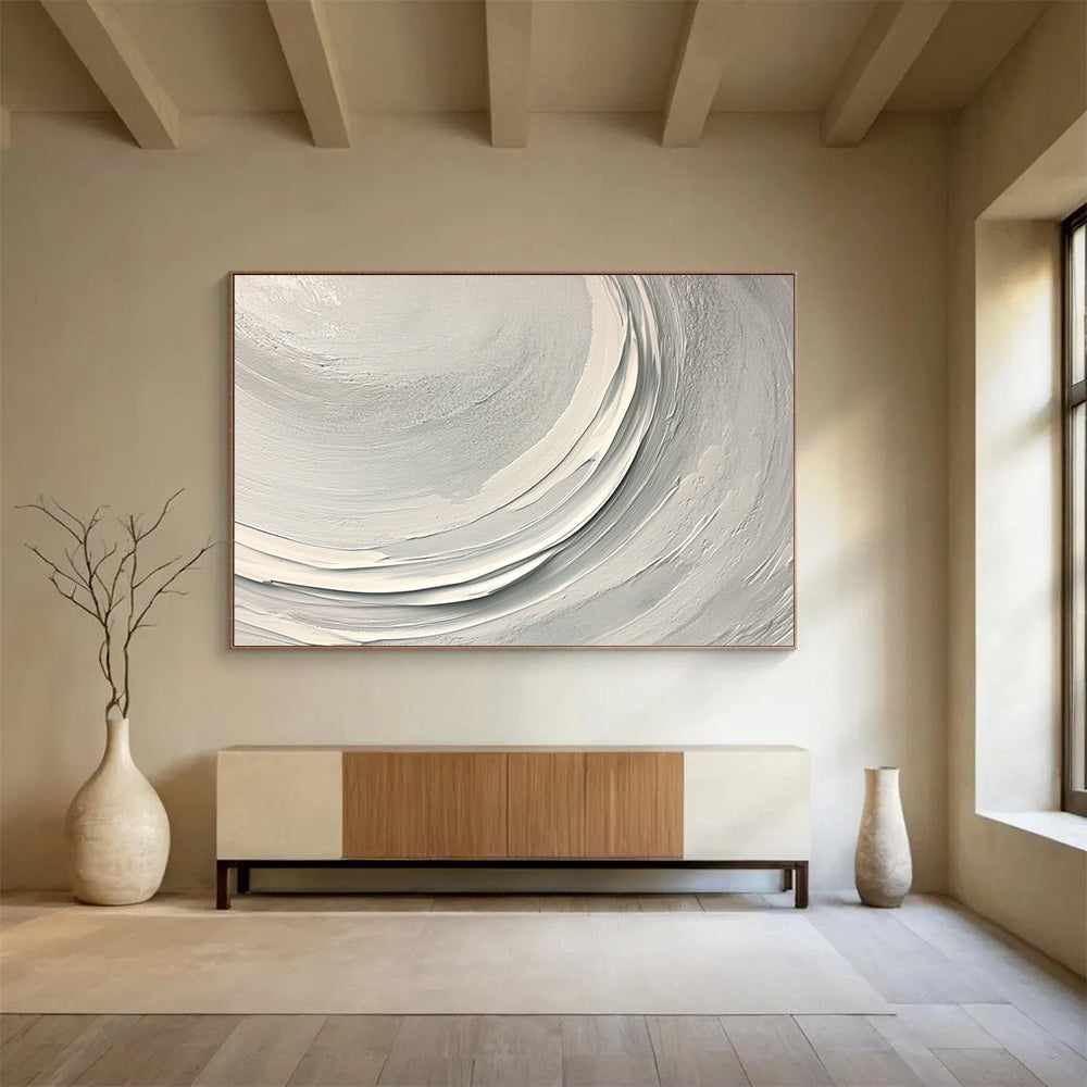 “Smooth White Circular Textured Strokes” - Minimalist Abstract Painting On Canvas HB0511