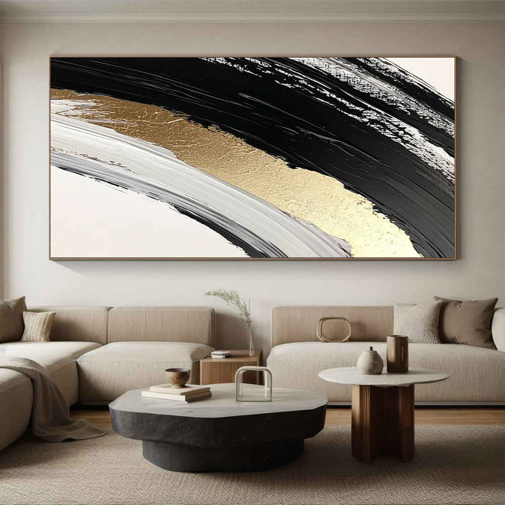 Black, White and Gold Curved Brushstrokes "Elegant Arc" Painting On Canvas HB321