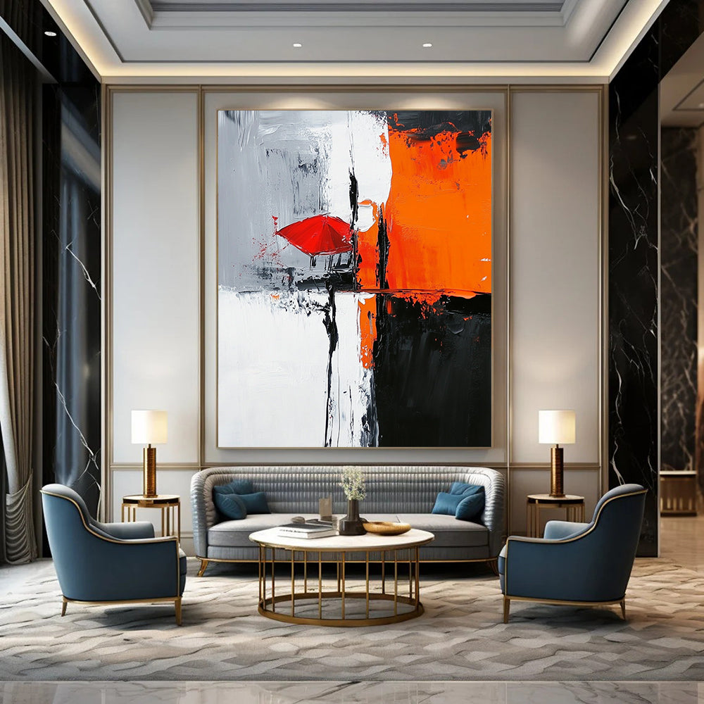 Contemporary abstract painting featuring bold black white orange hues with a gray background light gray red umbrella and chair in a hard-edge style. DLZ0324