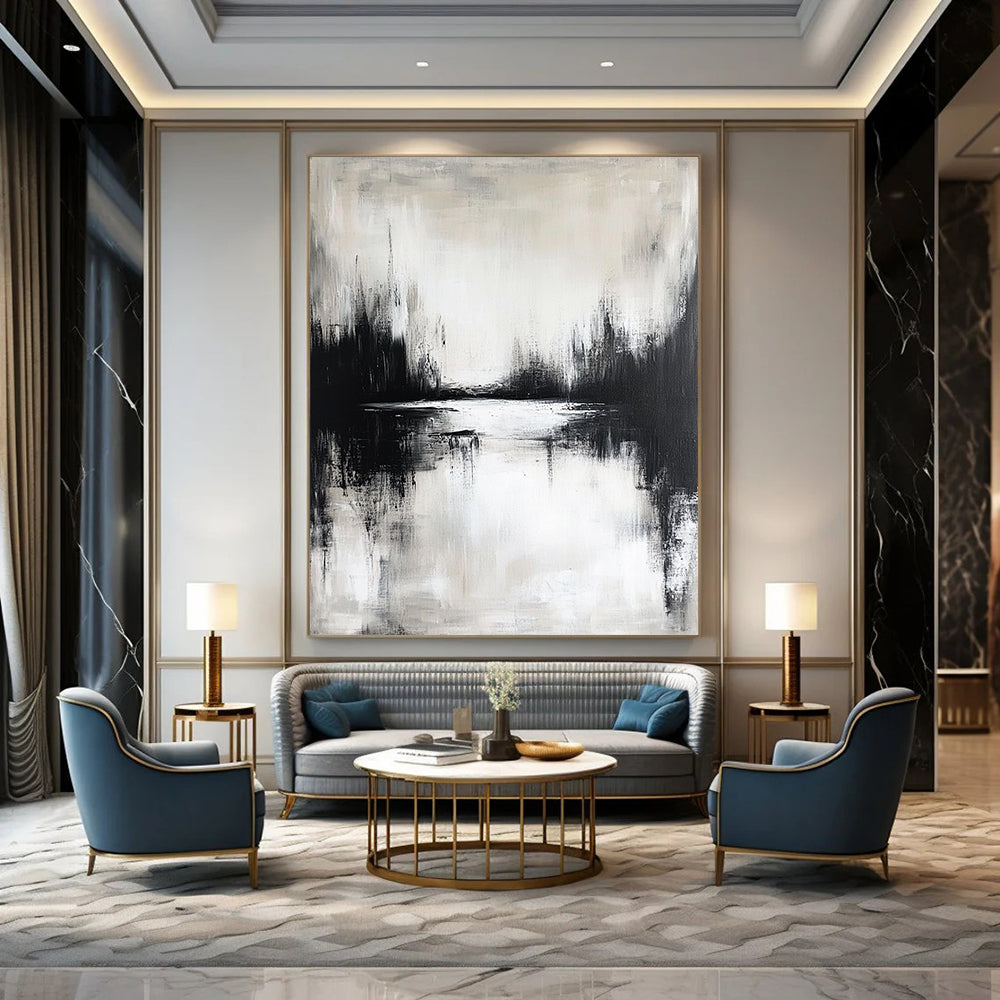 Contemporary hand-painted abstract artwork featuring a moody lake reflection in neutral tones and atmospheric black and white design. DLZ0310